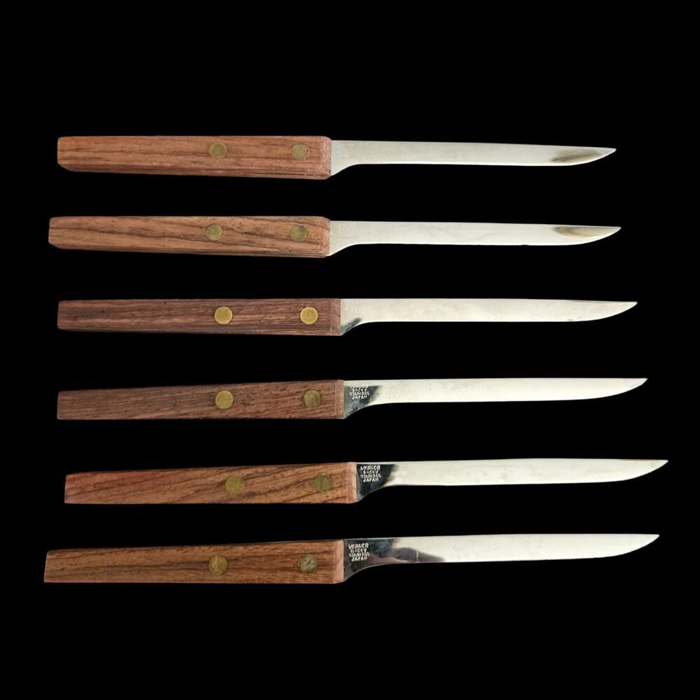 Vintage Vernco Q-Cut V Stainless Japan Steak Knives Set Wood Handle